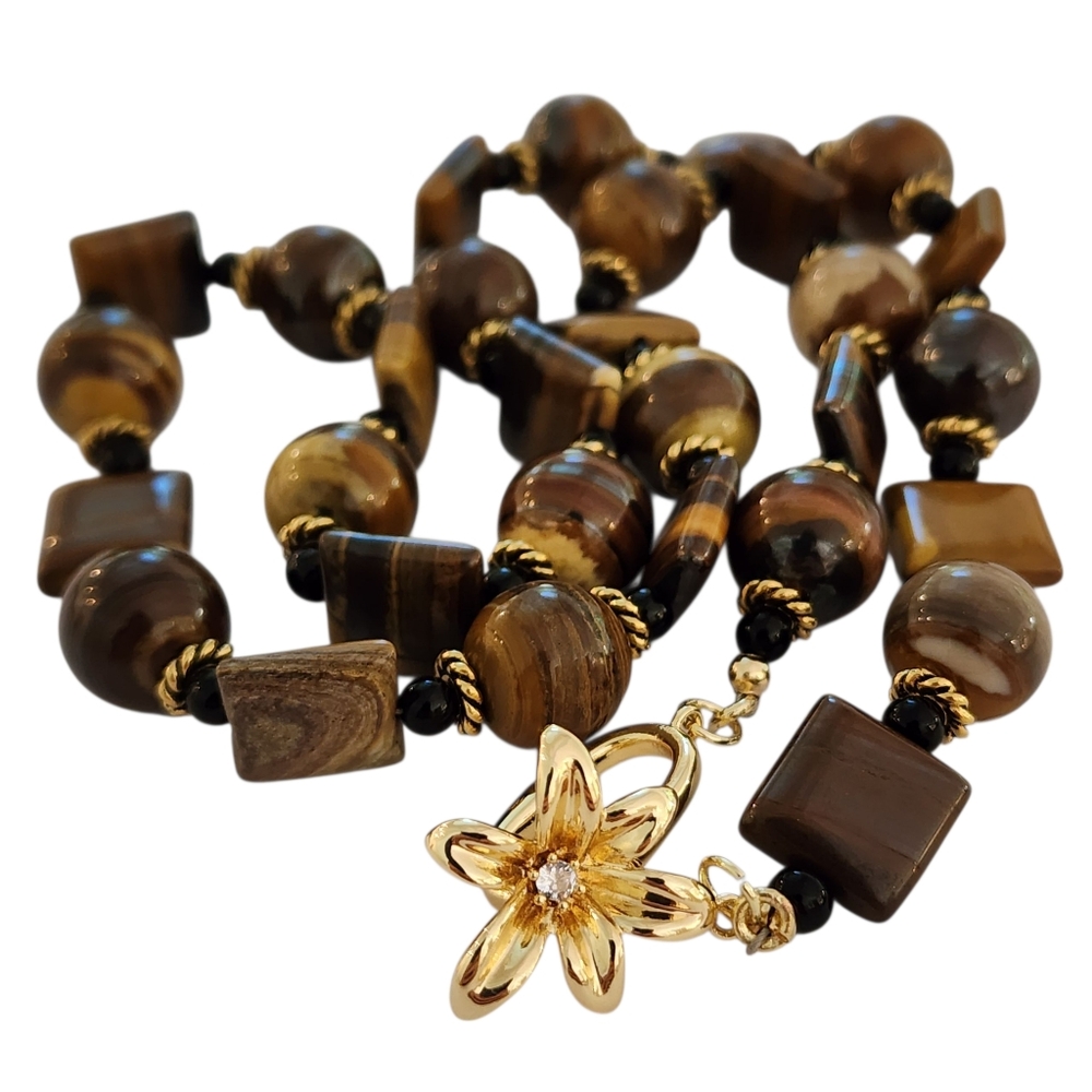 Cat's eye gemstones necklace 14k GP CZ flower clasp gold tigers eye L509 -Q5